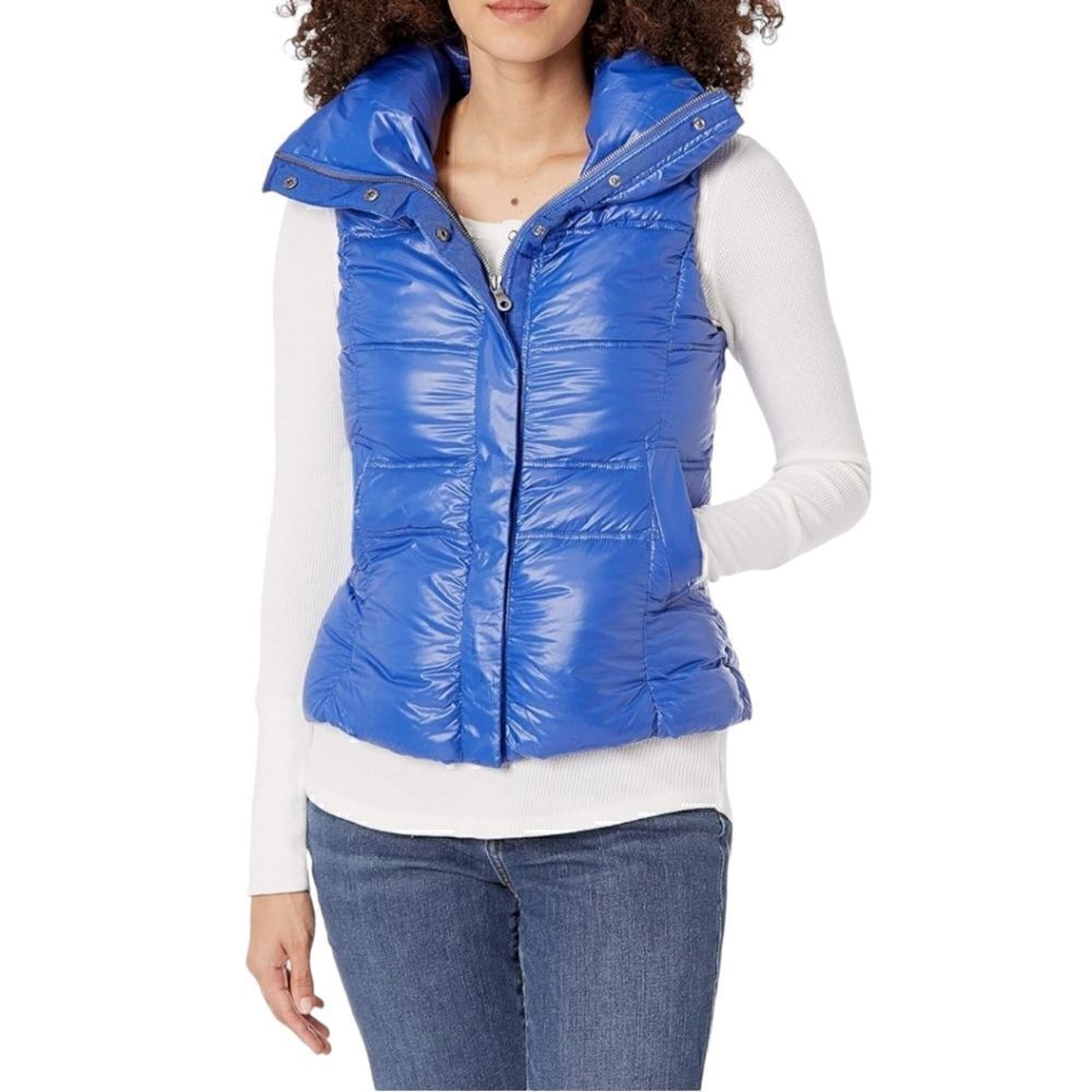 Coatology New York Women's Contrast Bomber Down Vest in Cobalt Navy Combo Size M